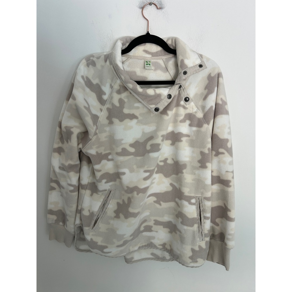 Green Tea Womens Camo Fleece Snap Neck Pullover Sweatshirt Beige Tan Large Comfy